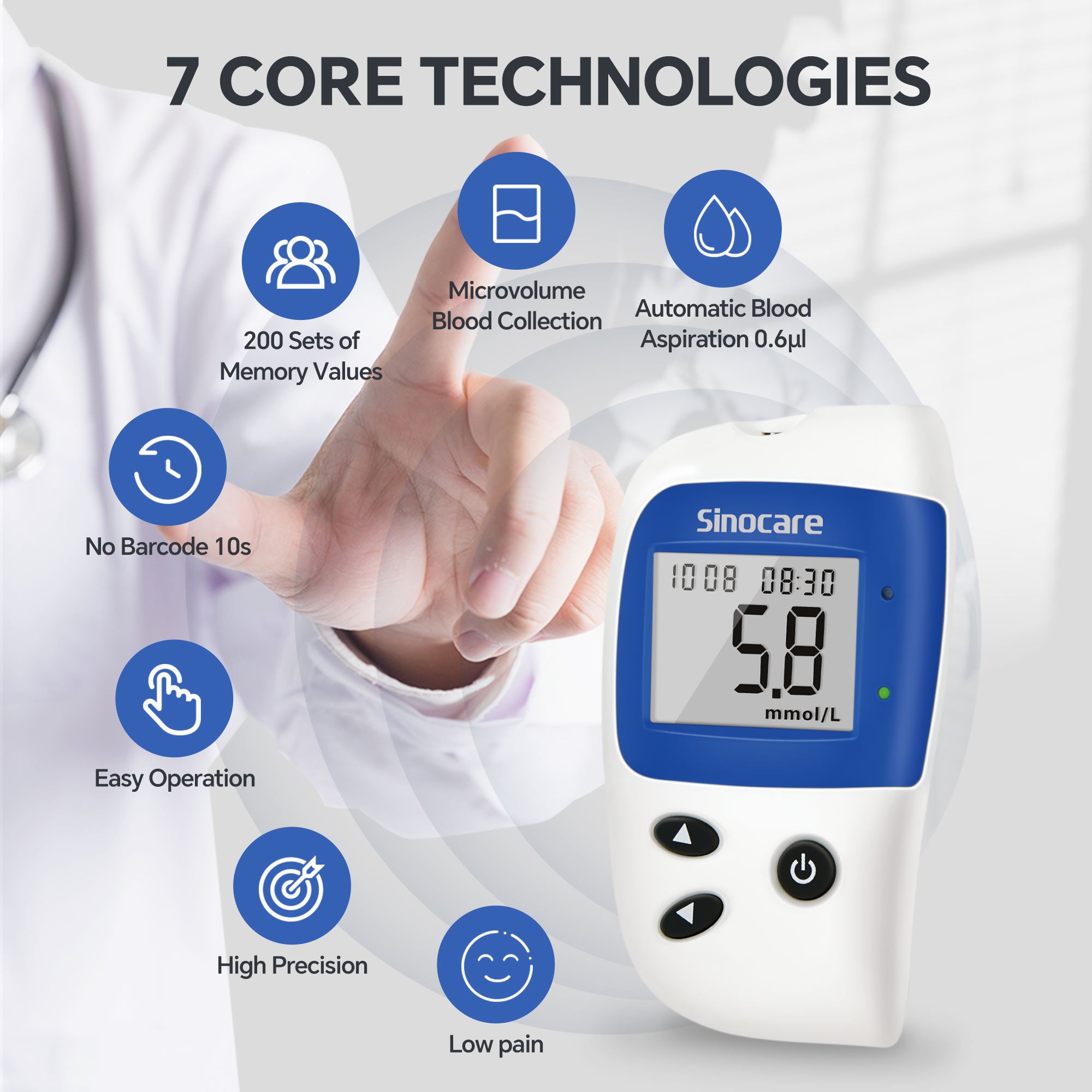 Monitor poziomu cukru we krwi Sinocare Safe Accu 2 z zaawansowaną technologią, 200 pamięci do śledzenia zmian wartości