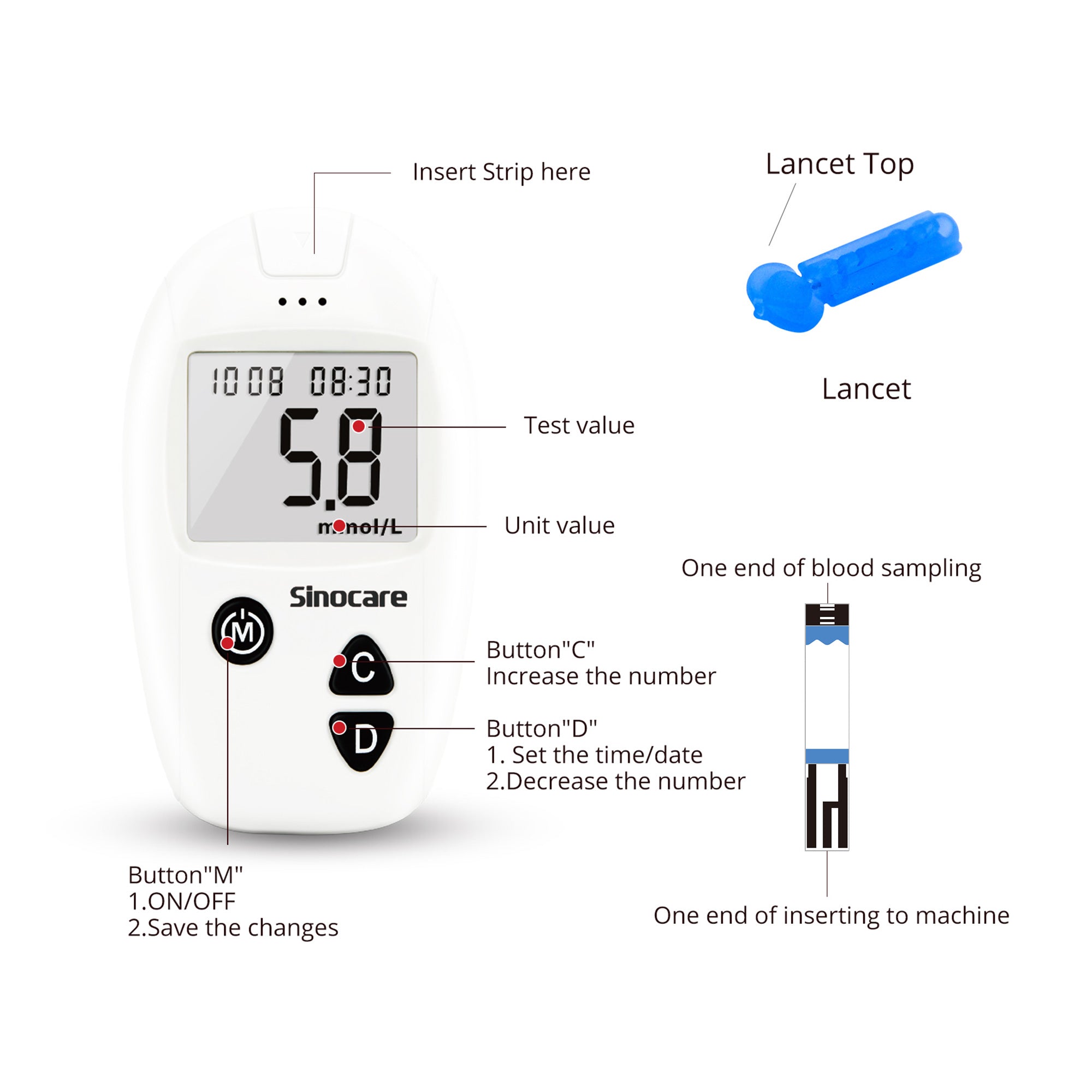 Monitor de glucosa en sangre Sinocare Safe Accu con gran capacidad de memoria y rendimiento de alto costo