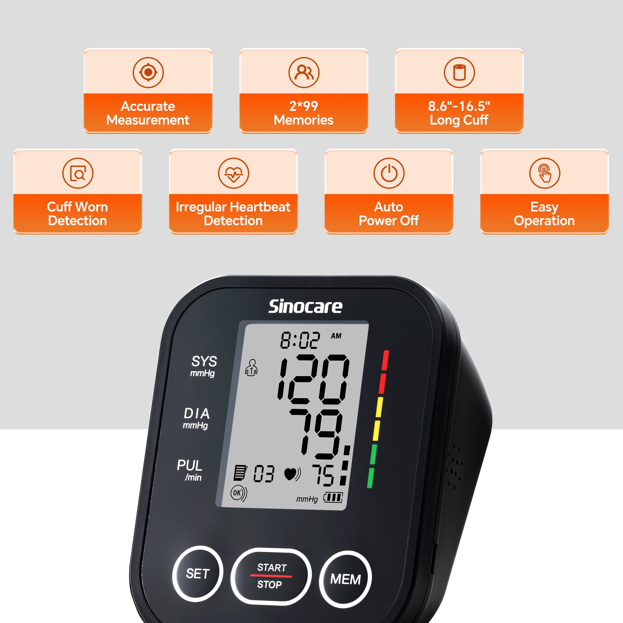 Sinocare 上腕血圧計 - デュアル ユーザー モード、各 99 メモリ