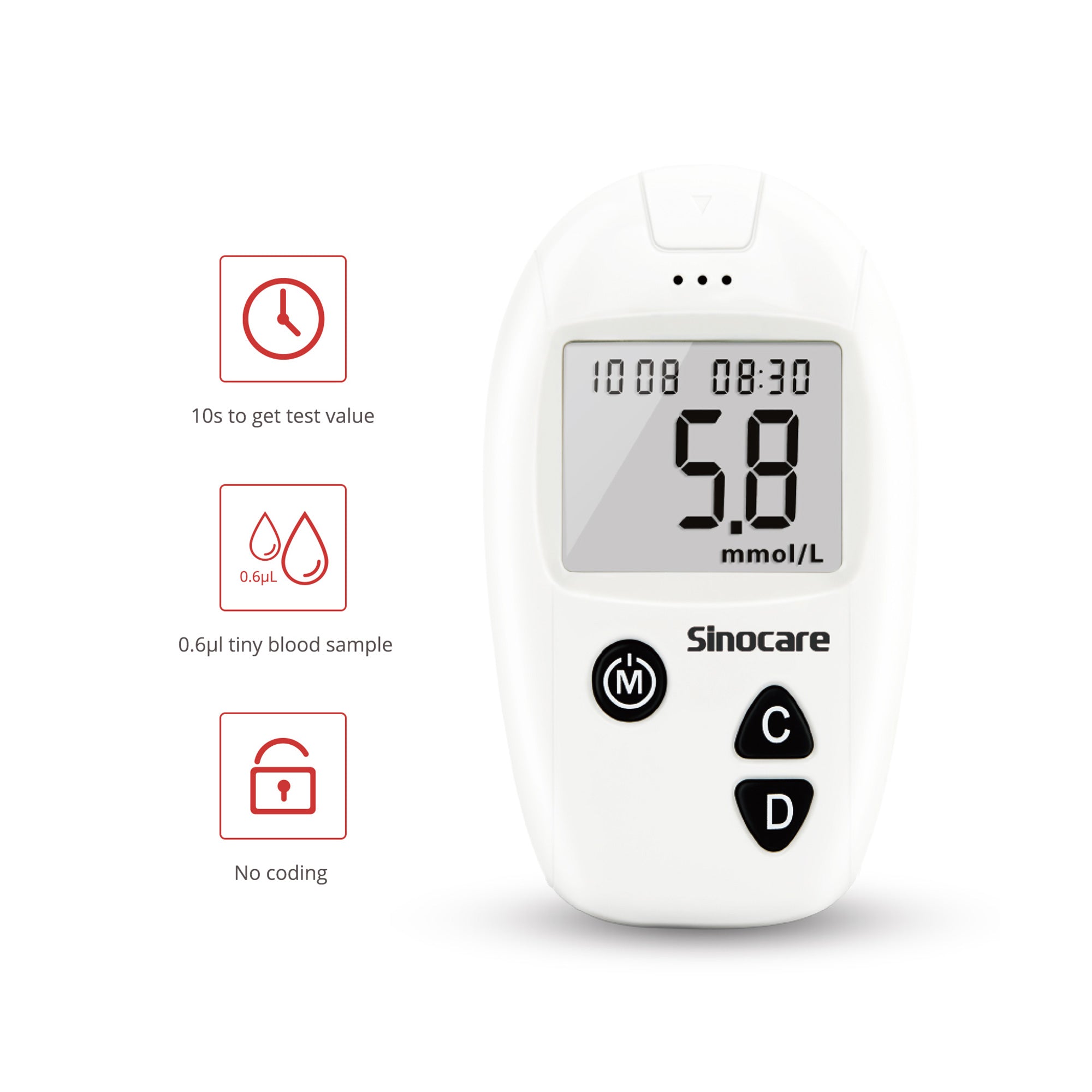 Monitor de glucosa en sangre Sinocare Safe Accu con gran capacidad de memoria y rendimiento de alto costo