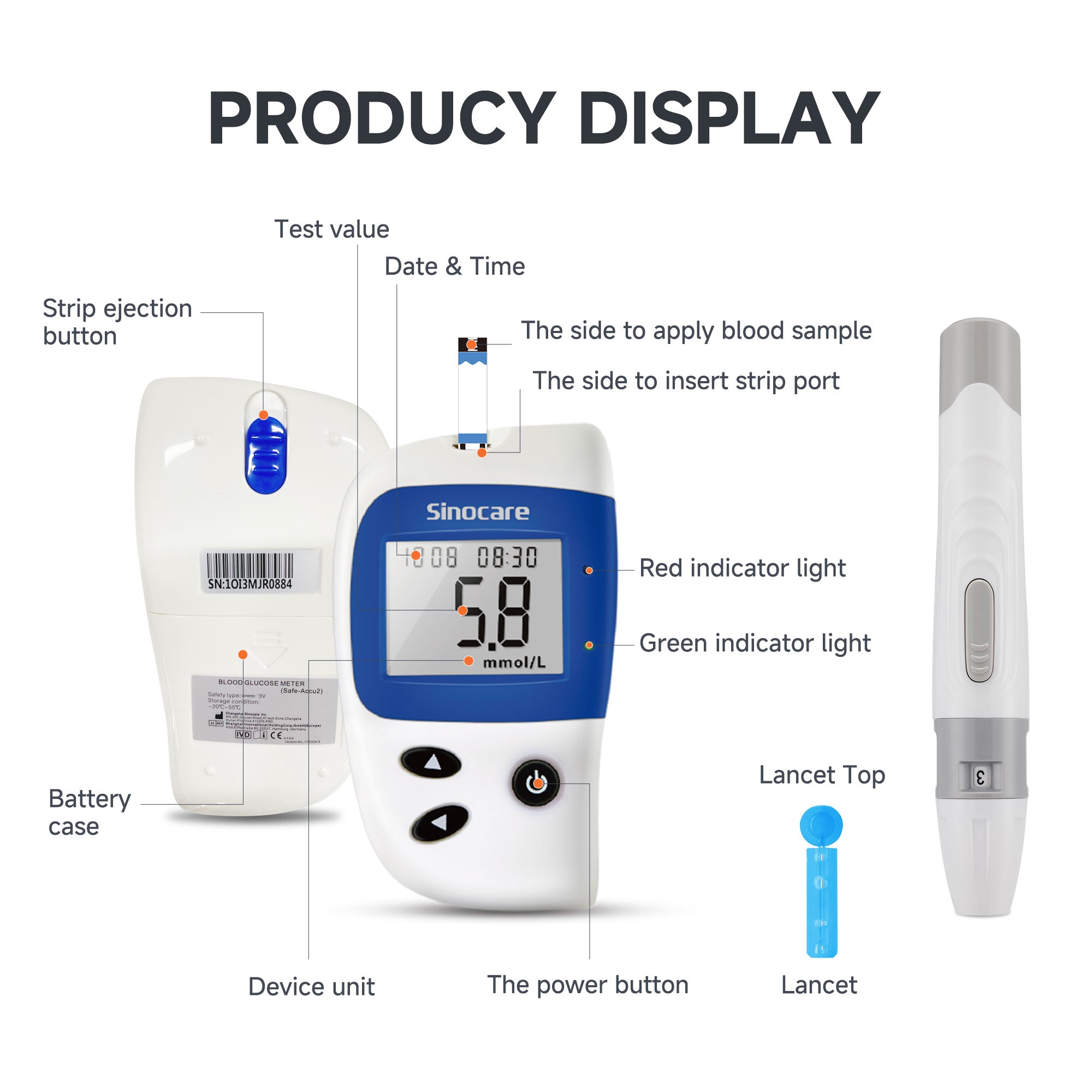 Monitor poziomu cukru we krwi Sinocare Safe Accu 2 z zaawansowaną technologią, 200 pamięci do śledzenia zmian wartości