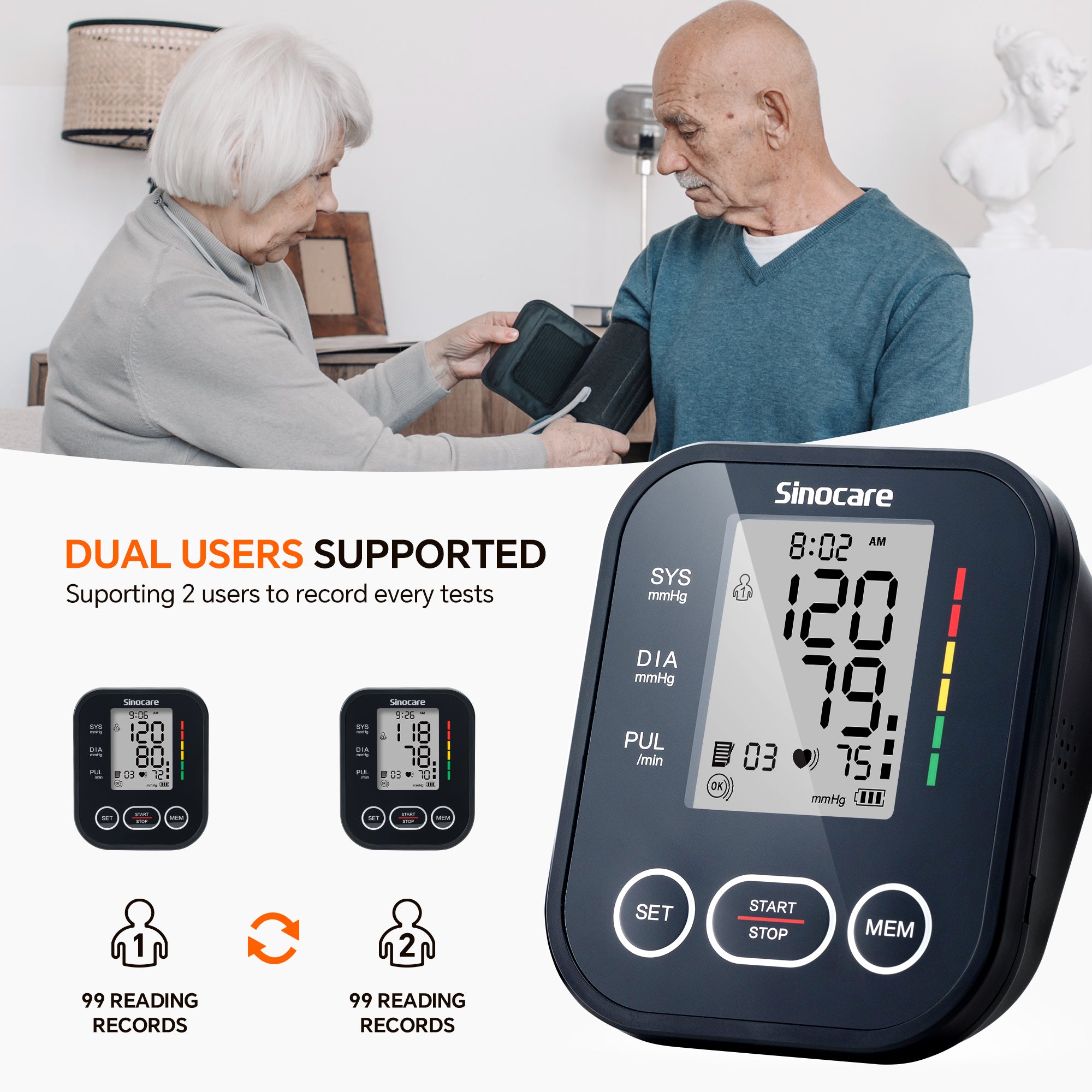 Sinocare 上腕血圧計 - デュアル ユーザー モード、各 99 メモリ