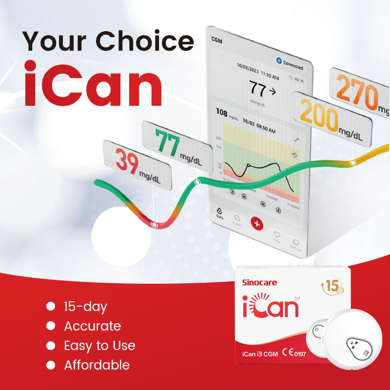iCan CGM App interface showing real-time glucose levels