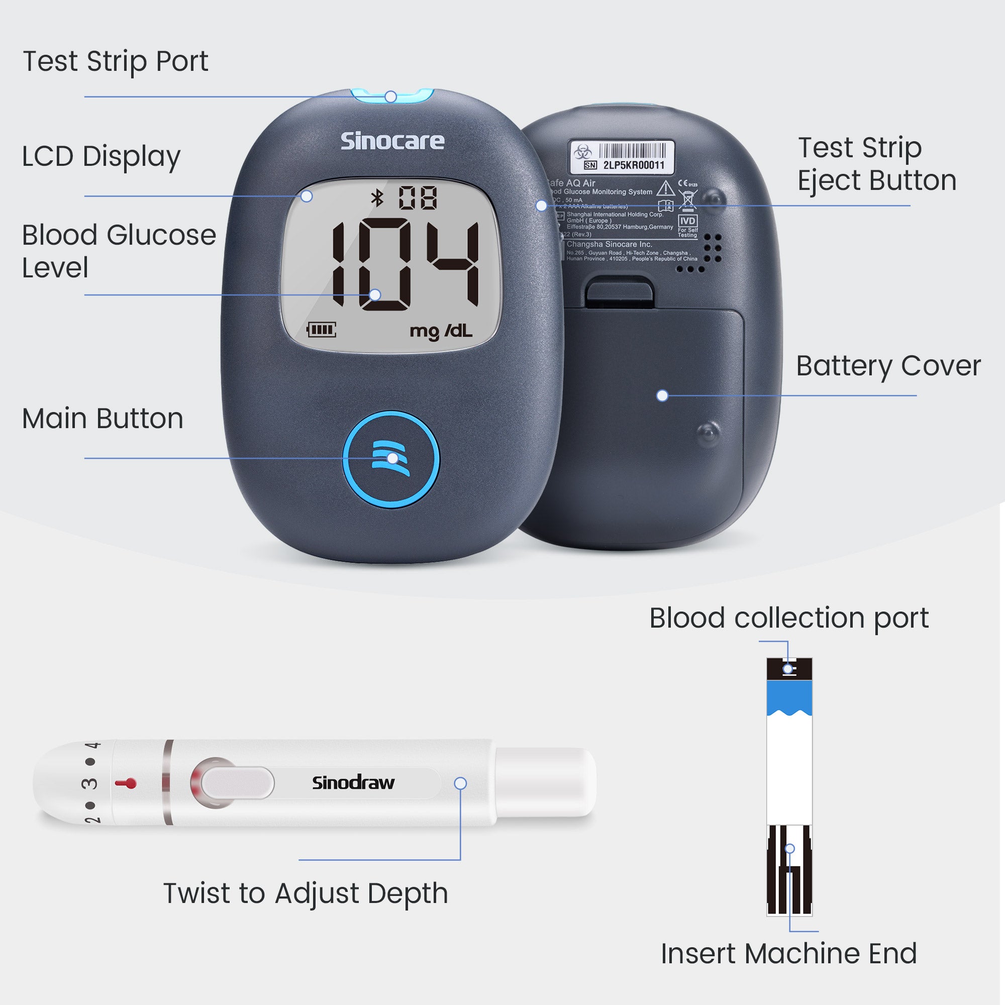 Sinocare Safe AQ Air Bluetooth Blood Sugar Monitor