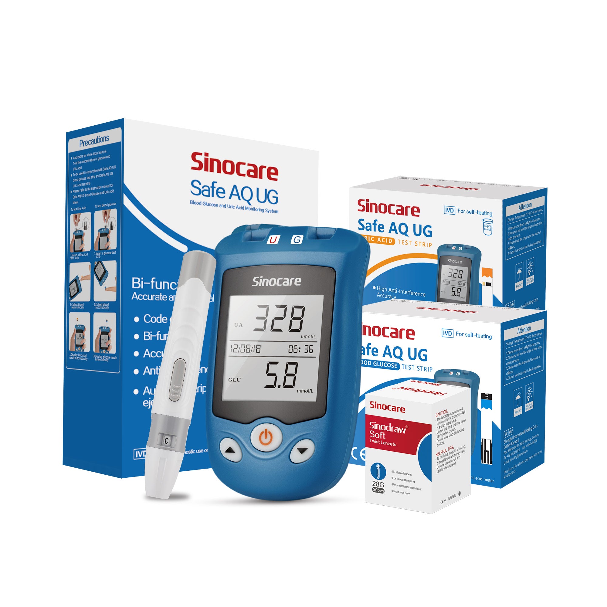 Sinocare Safe AQ UG Blood Glucose Uric Acid Meter with Advanced Test Strips Lancet for Multifunctions