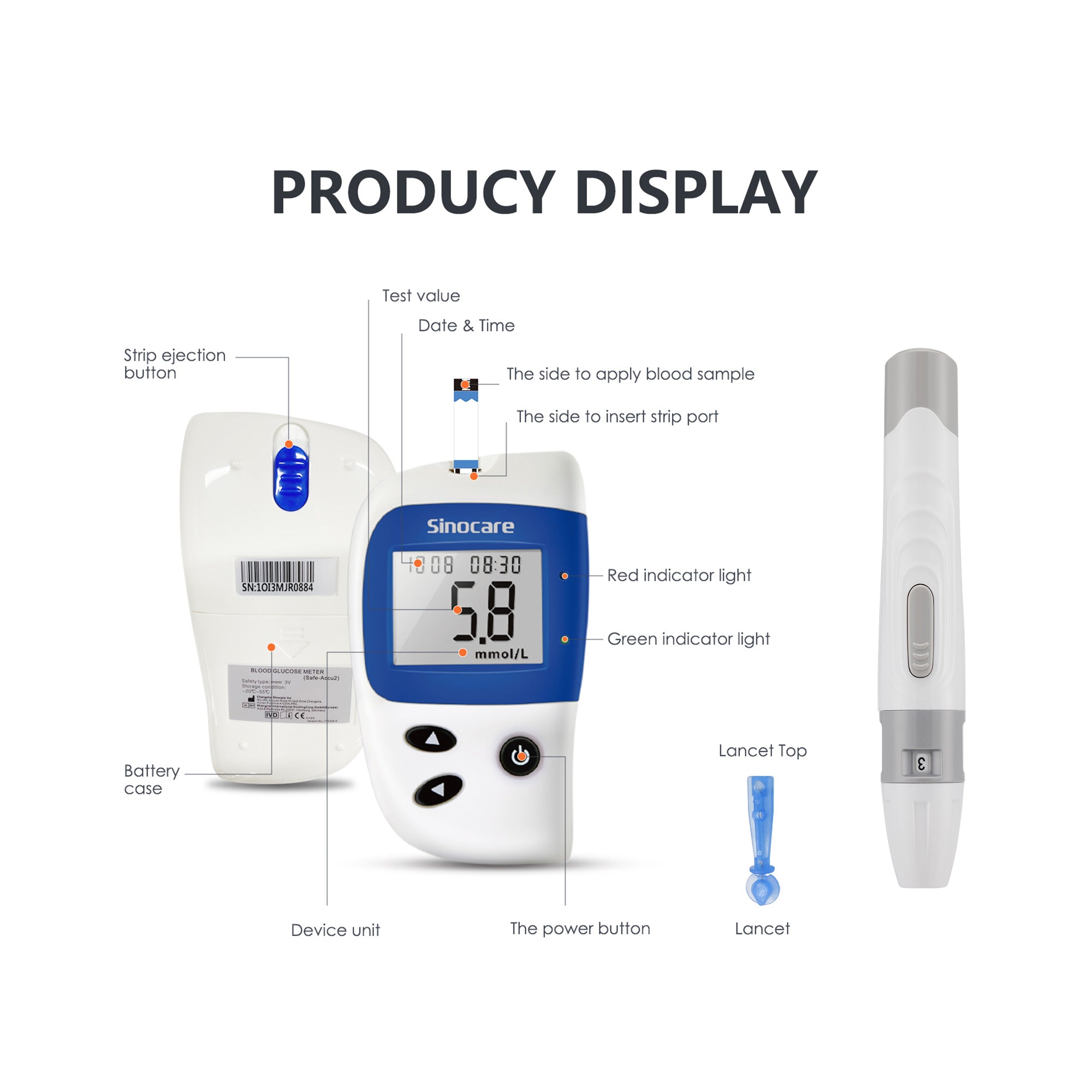 Moniteur de glycémie Sinocare Safe Accu 2 avec technologie avancée, 200 mémoires pour connaître les changements de valeur