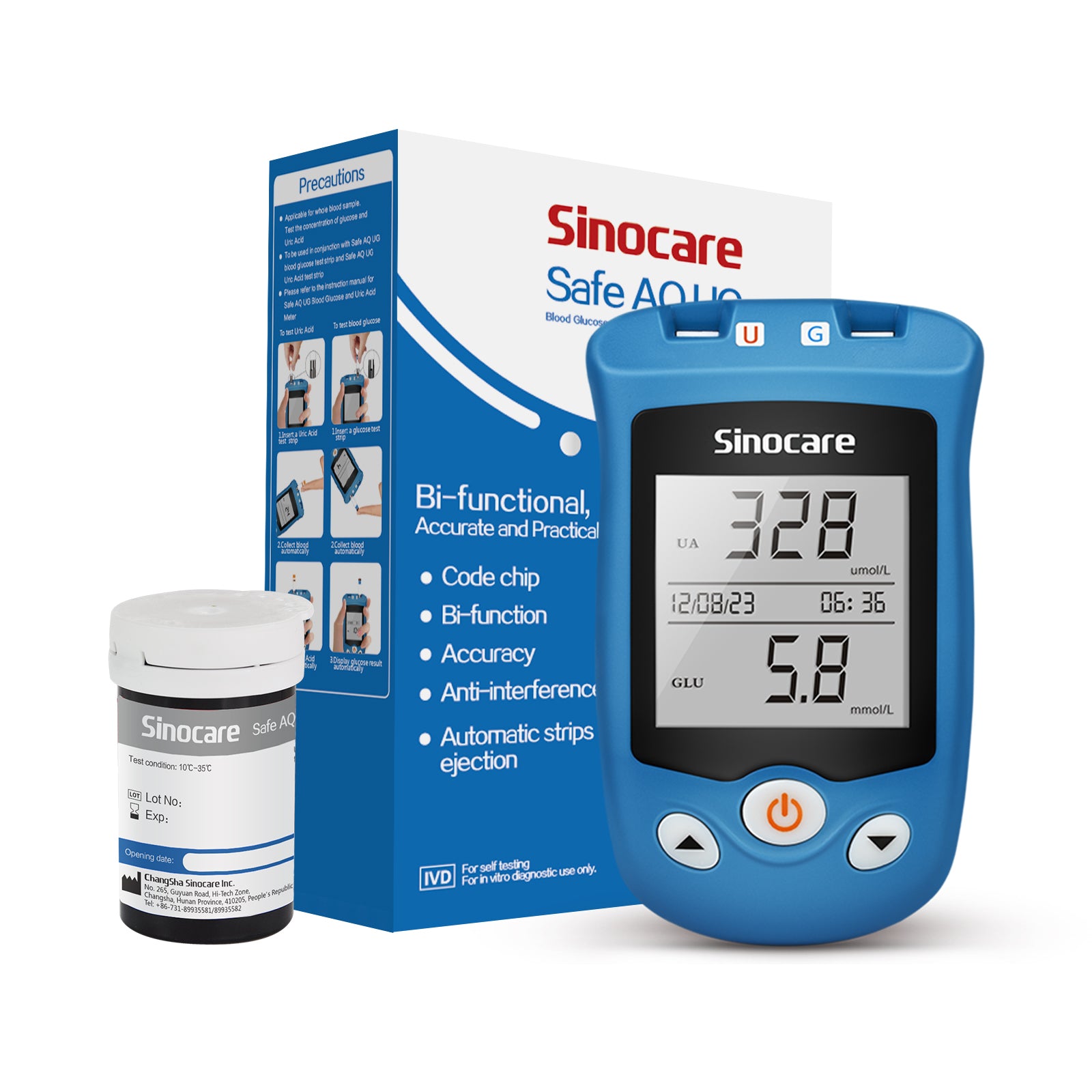 Sinocare Safe AQ UG 血糖尿酸計、高度なテストストリップランセット付き多機能