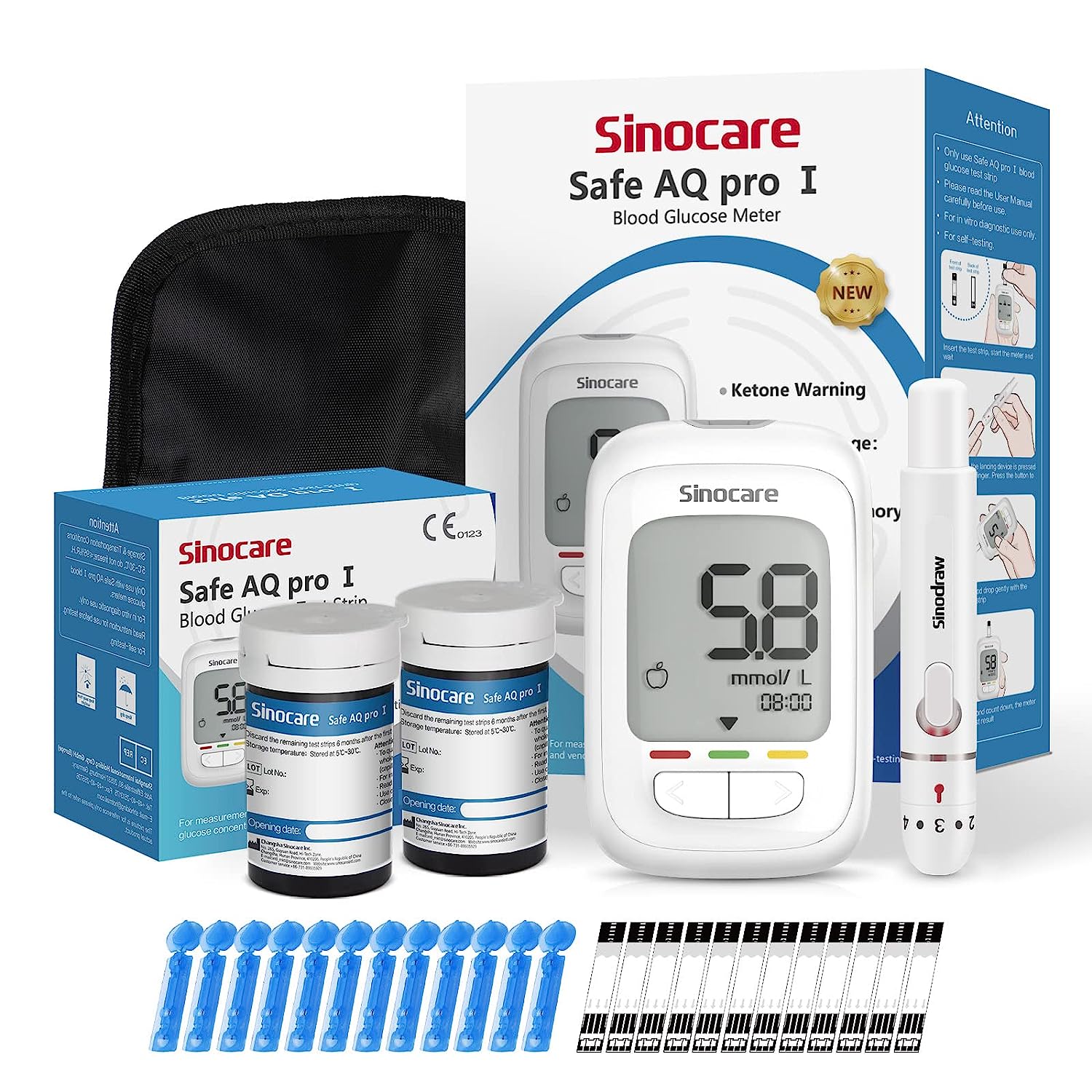 Sinocare Safe AQ Pro I Misuratore di glucosio nel sangue Kit glucometro Tester del diabete Misuratore medico di zucchero nel sangue o solo strisce reattive Lancette