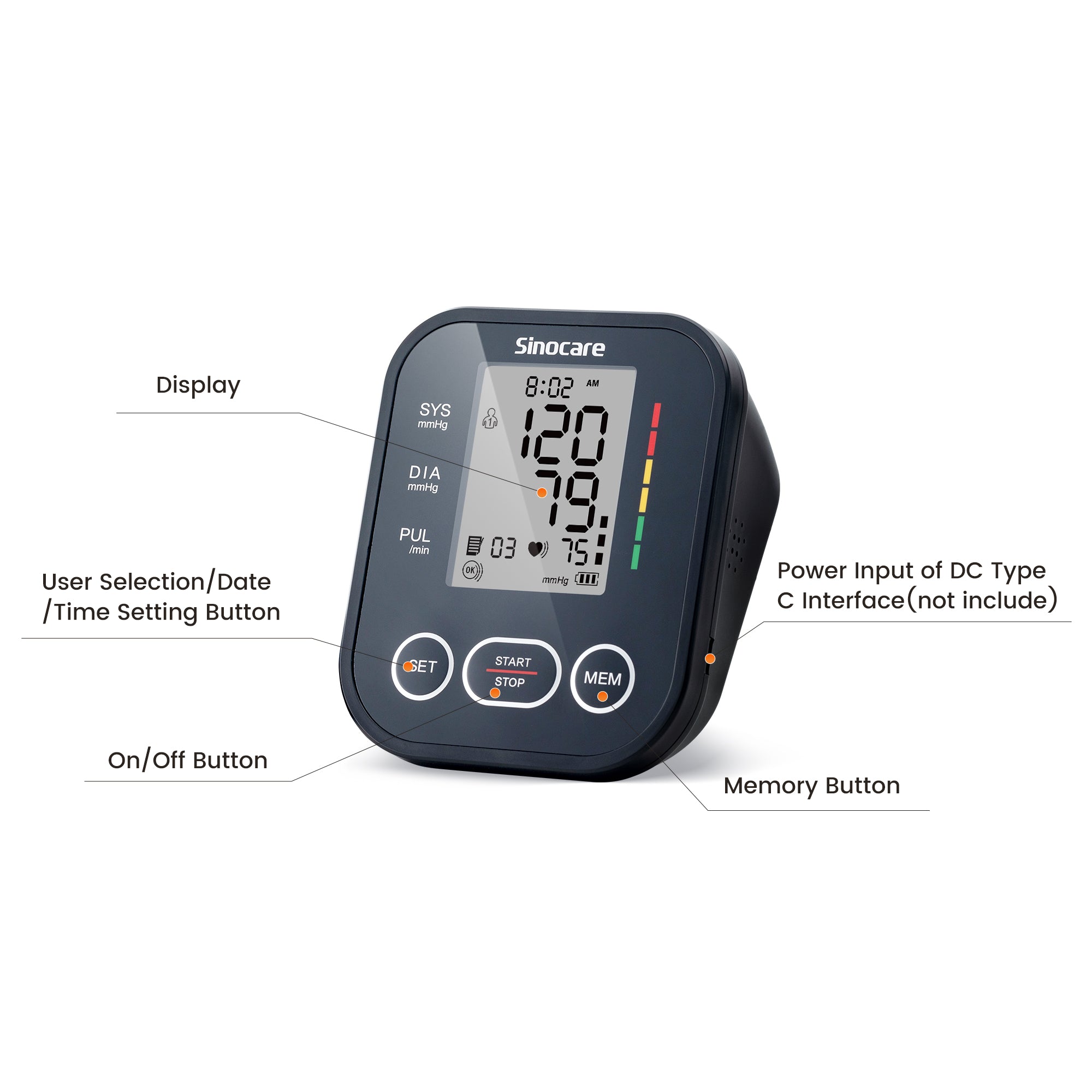 Monitor de pressão arterial de braço superior Sinocare - modo de usuário duplo, cada 99 memórias