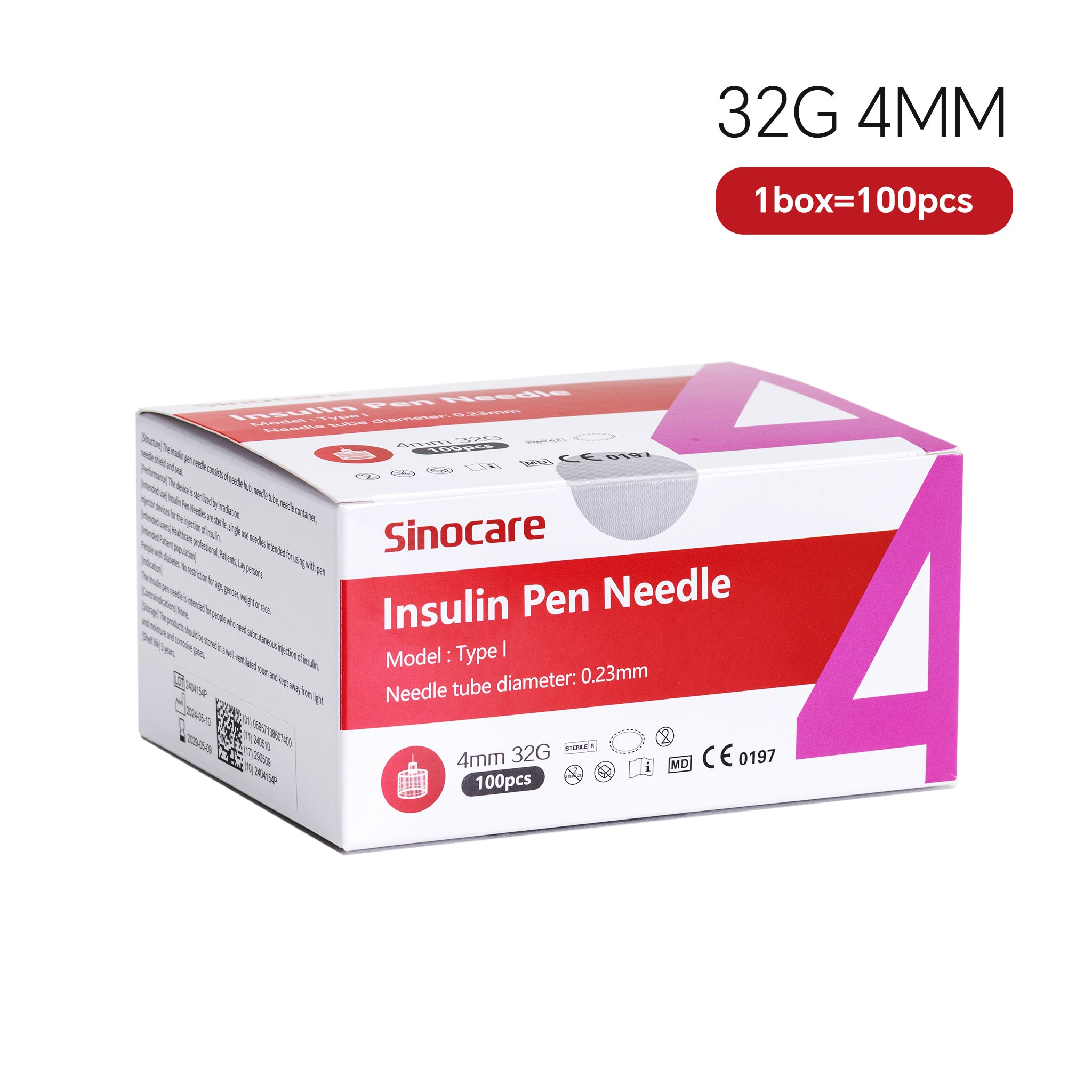 Sinocare Pen Needles 32G 4MM Box of 100