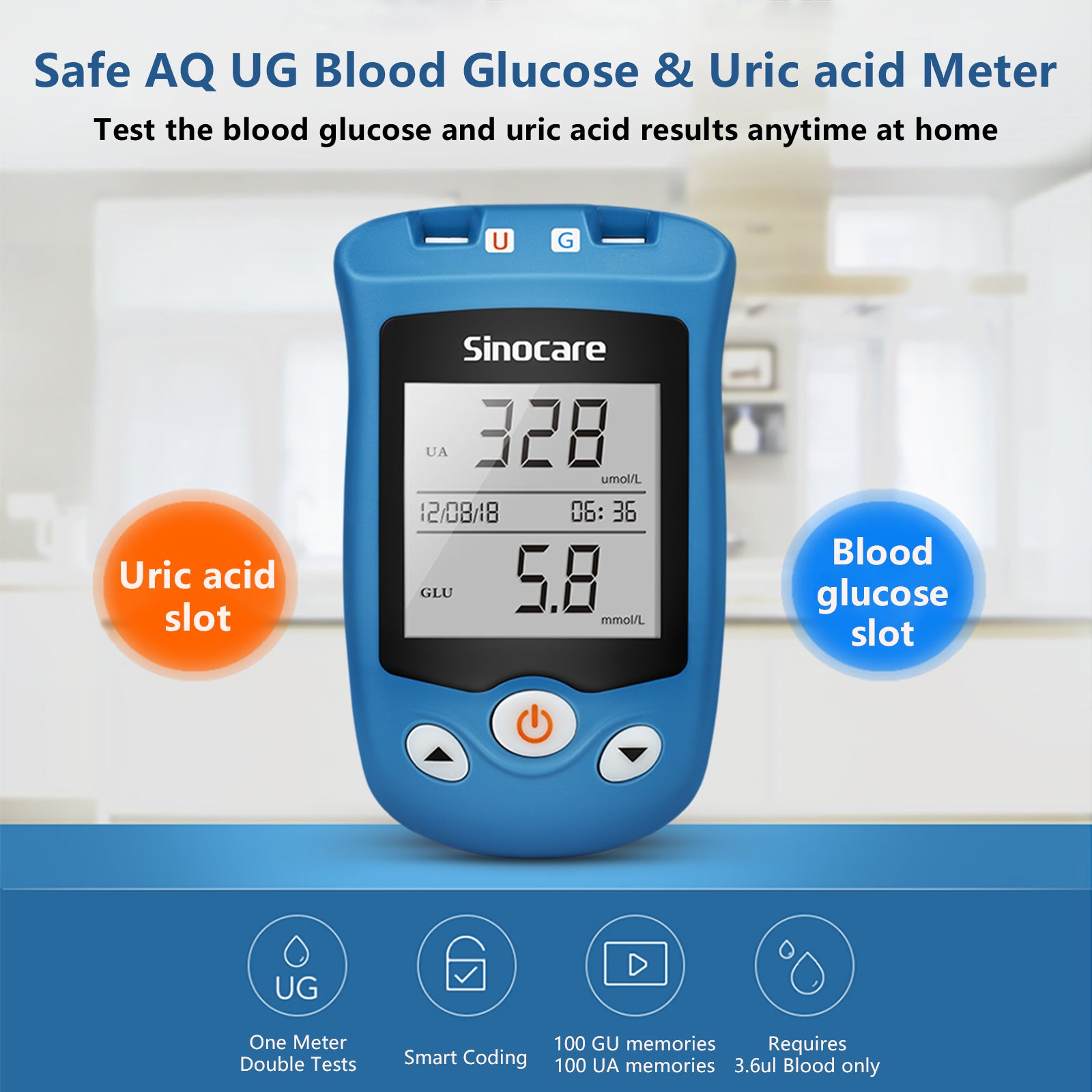 Sinocare Safe AQ UG Blood Glucose Uric Acid Meter with Advanced Test Strips Lancet for Multifunctions