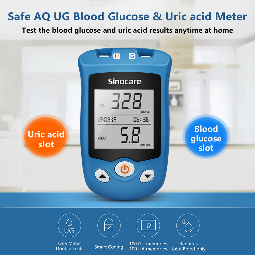 
                  
                    Laden Sie das Bild in den Galerie-Viewer, Sinocare Blutzucker-Harnsäure-Messgerät mit fortschrittlichen Teststreifen Lancet Safe AQ UG für Multifunktionen
                  
                