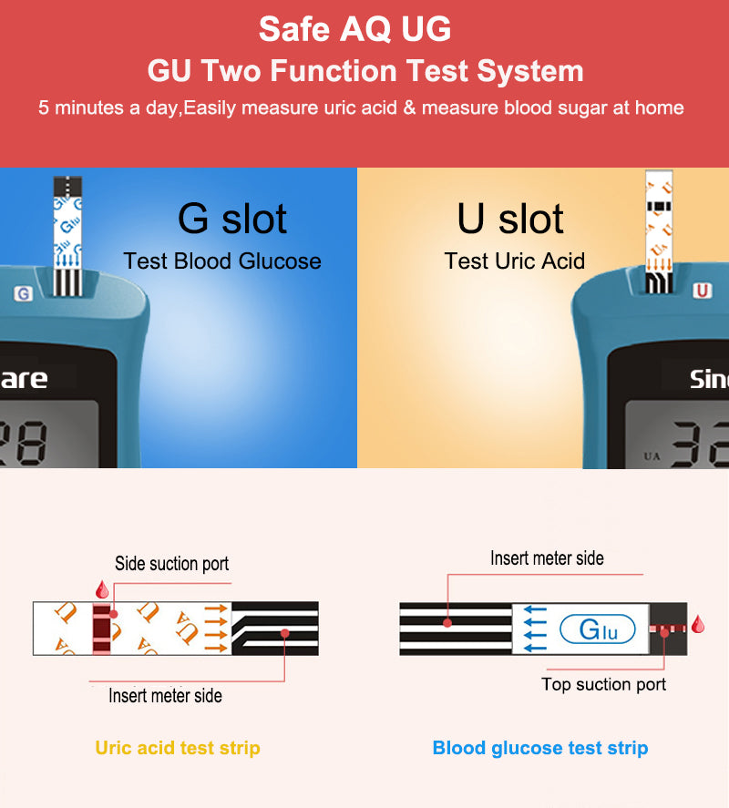 Sinocare Blood Glucose Uric Acid Meter with Test Strips Lancet Safe AQ UG