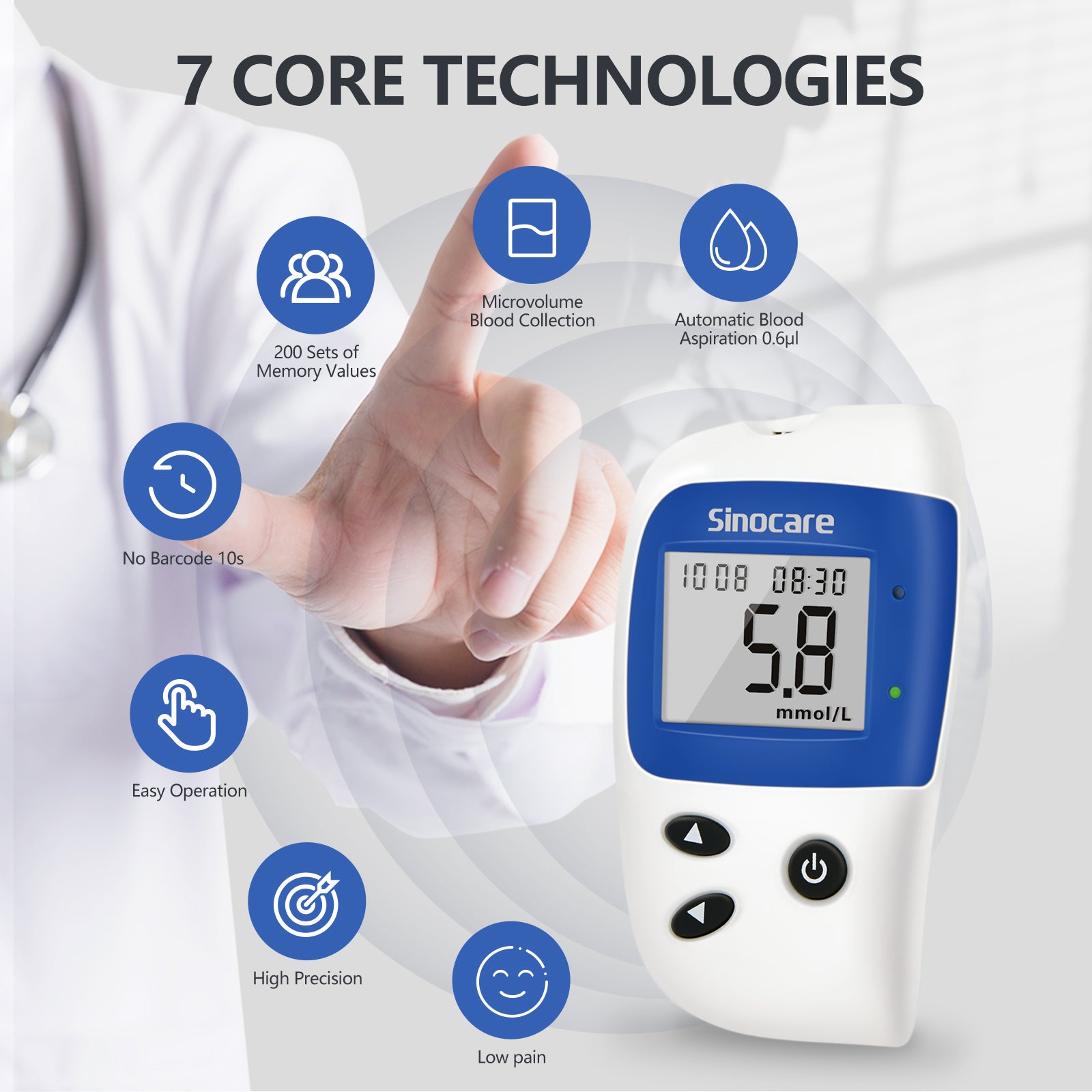 Monitor de azúcar en sangre Sinocare Safe Accu 2 con tecnología avanzada, 200 memorias para conocer los cambios de valor