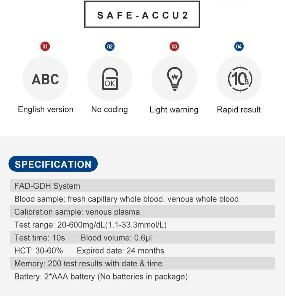 
                  
                    Load image into Gallery viewer, Blood Sugar Monitor Safe Accu2 specification
                  
                
