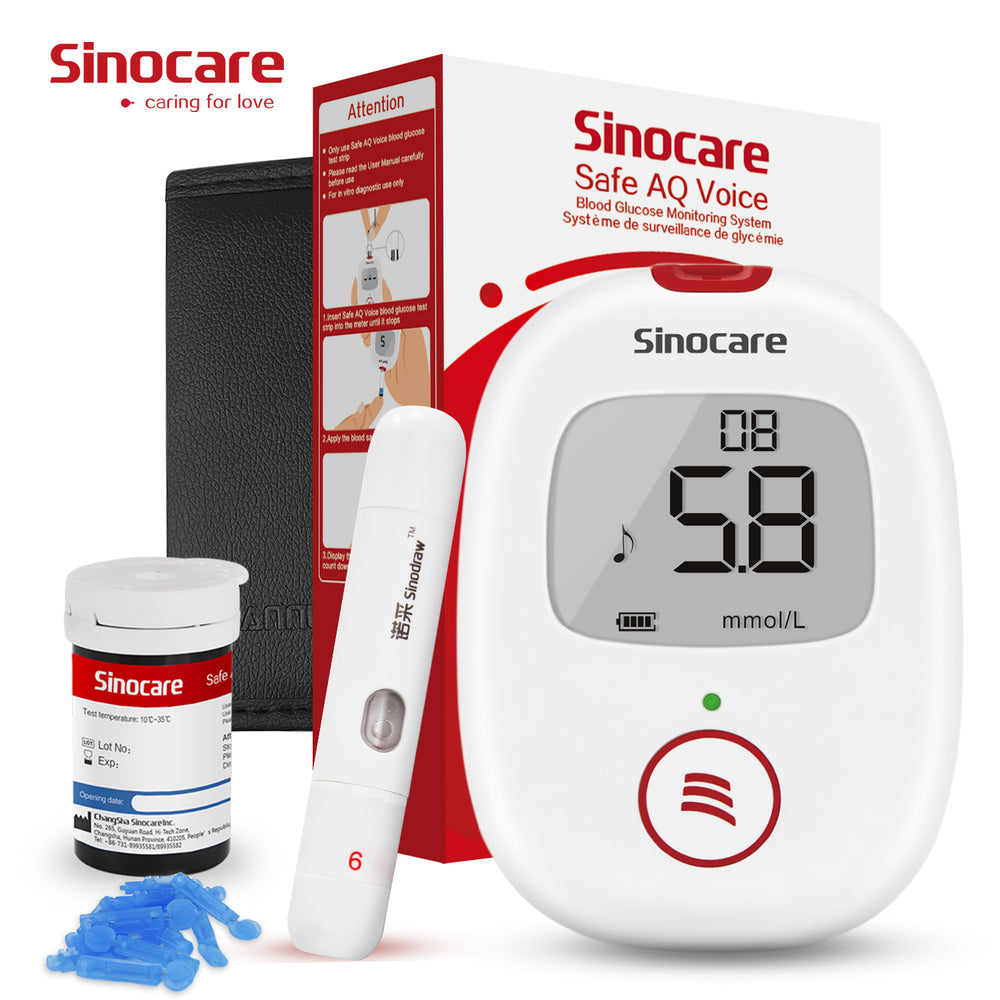 Medidor de glicose no sangue por voz Sinocare Safe AQ com lembrete de voz e resultados de testes precisos
