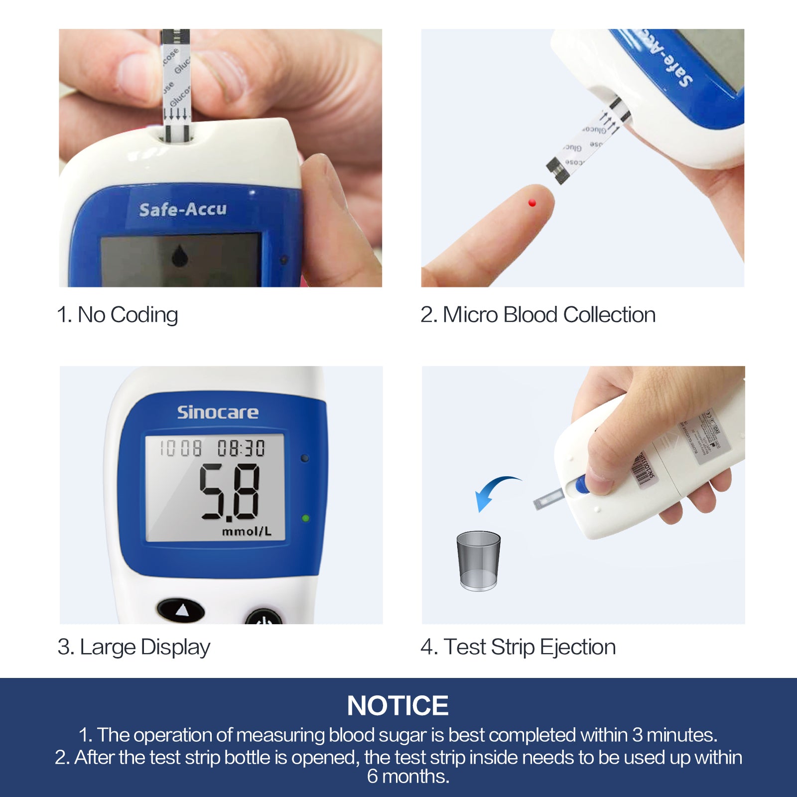 Sinocare Safe Accu 2 Blood Sugar Monitor with Advanced Technology, 200 Memory to Know Value Changes