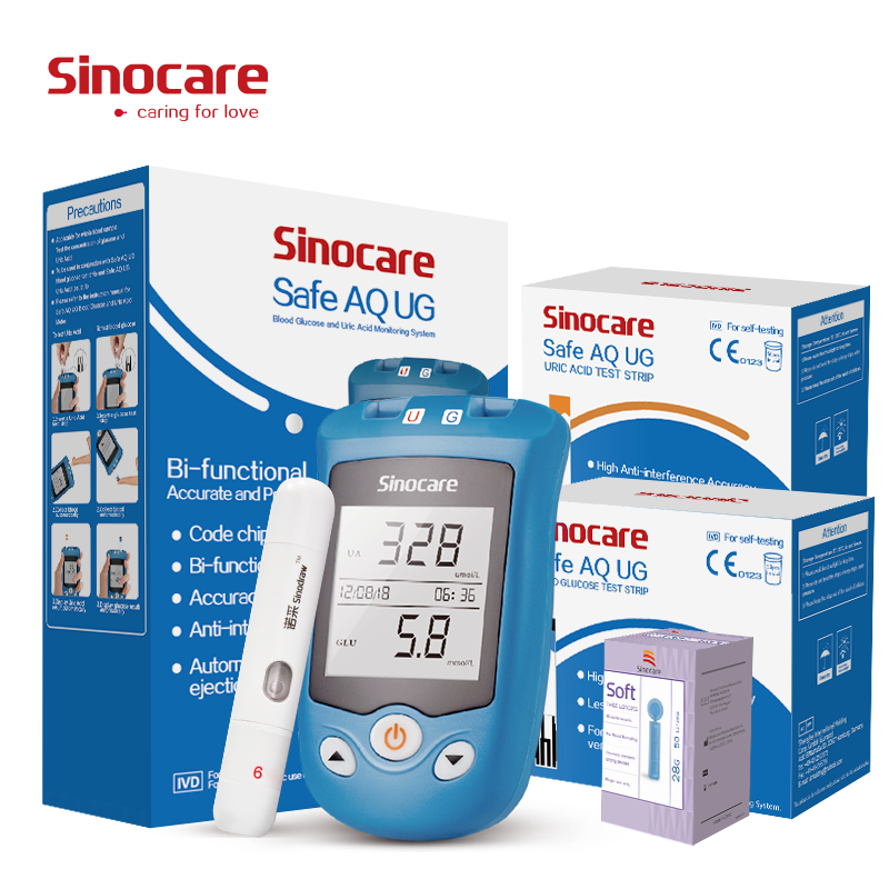 Medidor de ácido úrico de glicose no sangue Sinocare com tiras de teste avançadas Lancet Safe AQ UG para multifunções