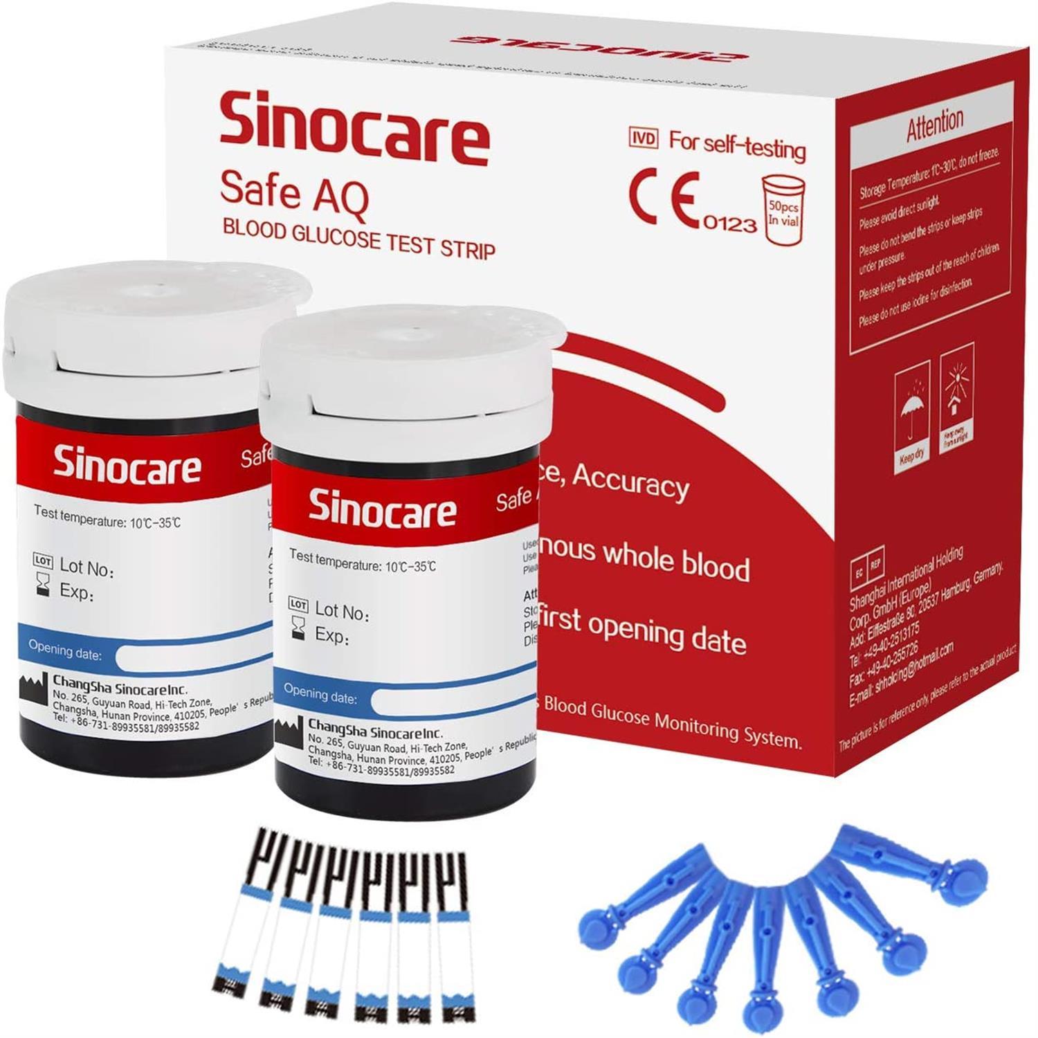 [50 個] Sinocare 血糖テストストリップ、無料ランセット付き